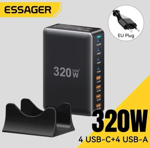 carregador ESSAGER GaN³ 320W com 8 portas (4 USB-C + 4 USB-A)