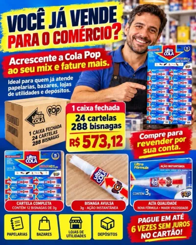 Cola Instantânea: cartela Expositora c/ 12 só R$ 23,88 * Cx. c/ 12 cartelas: R$ 573,00