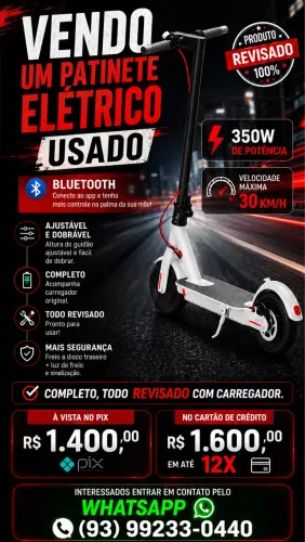 Patinete elétrico completo 1.600,00 parcelado em 12 vezes no cartão de crédito