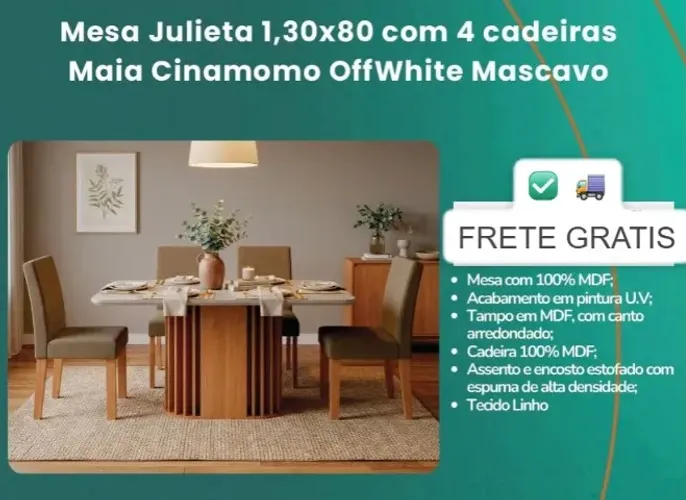 Mesa Julieta 130x80 c/4 cadeiras maya  - chama no zap