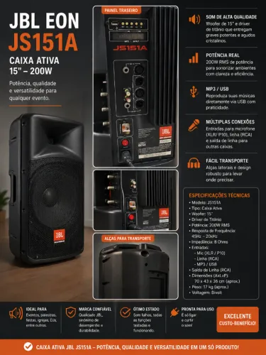 Caixa de som JBL Selenium JS151A - 15" - 400W de potência musical / 200W RMS