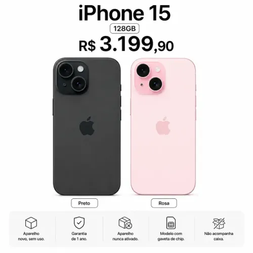 Apple iPhone 15 6,1" 128GB 5G Varias Cores Novo Open Box 1 Ano Garantia