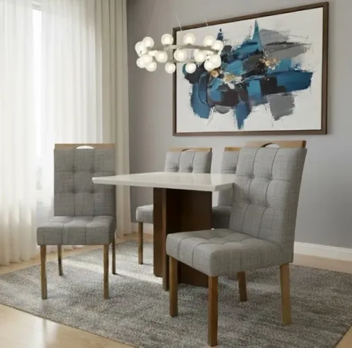 Conjunto Mesa Verona 90 Cinamomo Off White com 4 Cadeiras Linho Grafite