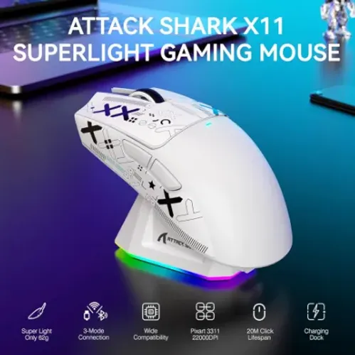 Mouse sem fio ATTACK SHARK X11 com dock de carregamento, novo lacrado