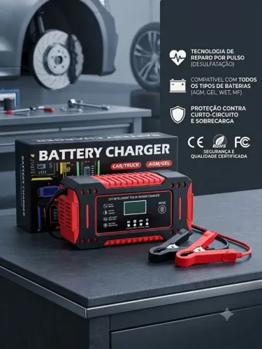 Carregador de Bateria Inteligente 12V Automotivo / Moto / Caminhão - Com Reparo por Pulso