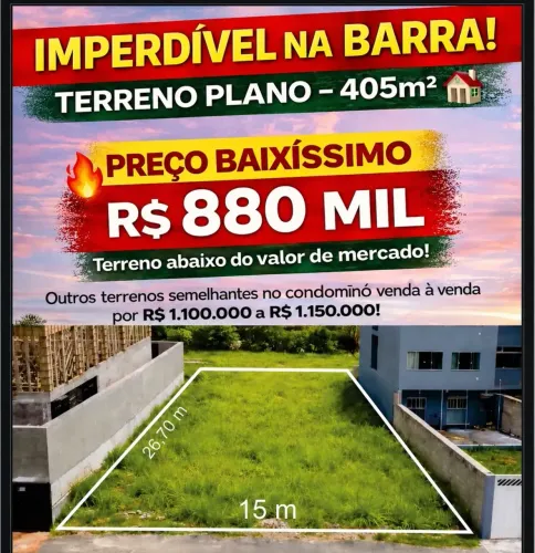 TERRENO NA BARRA 405m² | ABAIXO DO MERCADO -R$ 880 MIL