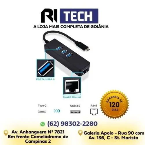 HUB USB 3.0 Com 3 Entradas USB e Porta Adaptador de Rede Ethernet RJ45 Até 1000 Mbps
