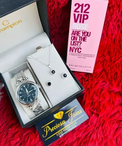 kit feminino passeio elegante com relógio comum + conjunto folheado e pulseira de brinde 
