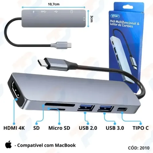 Hub Multifuncional Tipe-c HDMI, 2 Portas Usb 3.0 e leitor de cartões