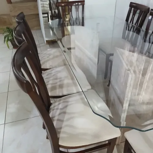 MESA ALTO PADRÃO DE JANTAR DE VIDRO BISOTÊ 8 CADEIRAS POLTRONAS COM MADEIRA 