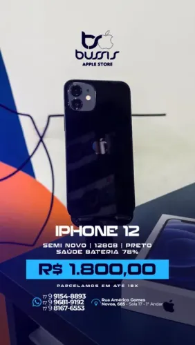 iPhone 12 128GB Preto Saúde de bateria 78% R$1.999,00 | Loja Física |