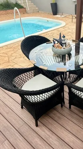 Mesa área externa corda nautica tricô churrasqueira área gourmet 