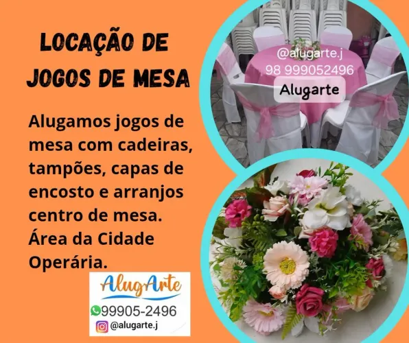 Locação de jogos de mesa, tampões, toalhas e centro de mesa floral.
