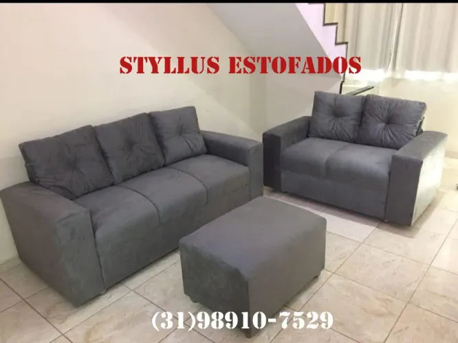 Conjunto de Sofá e Puff Cinza