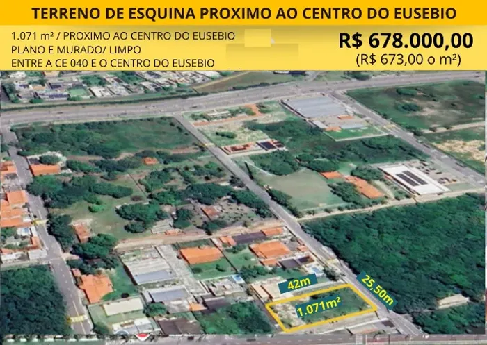 Terreno de esquina próximo ao Centro do Eusébio - 1.071m²