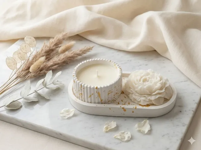 Kit Vela Aromática Minimalista com Bandeja e vela no formato Flor Peônia  - Decoração