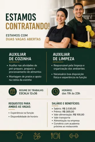 Aux. de Cozinha / Aux. de Limpeza p/ Restaurante - 12x36