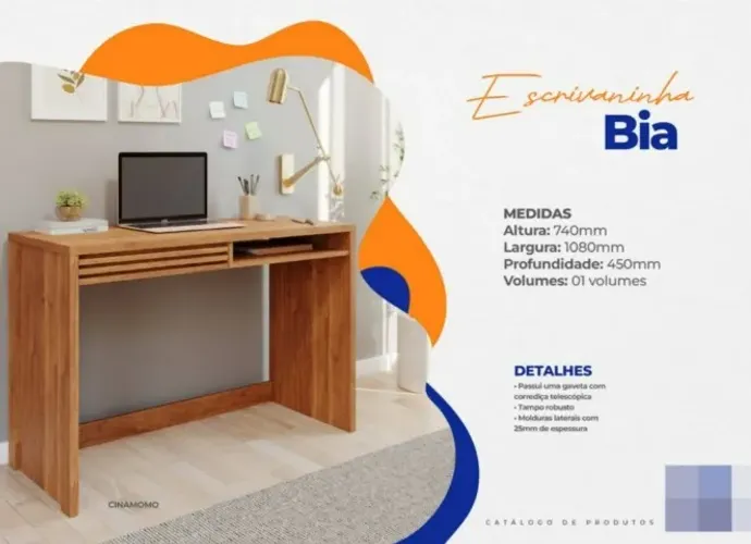 Design Ripado em Cinamomo: Escrivaninha Bia com Gaveta e Montagem Grátis