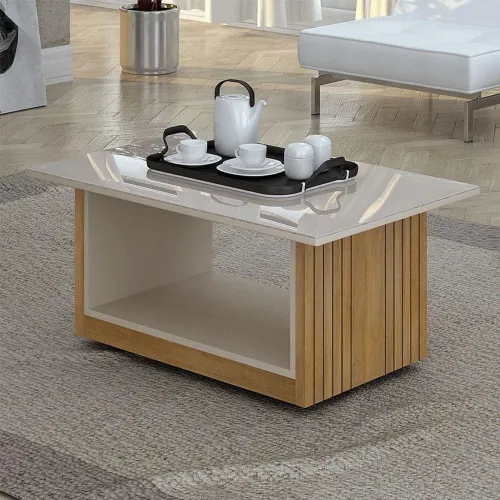 Mesa de Centro Veneza Valdemóveis Com Rodízios Cinamomo / Off White 