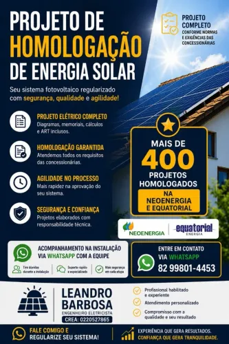 Energia Solar, projetos fotovoltaicos, consultorias e homologação junto à concessionária.