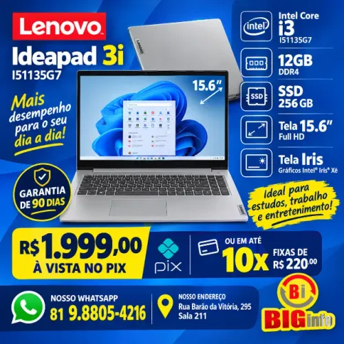 Notebook Lenovo 3i Core i3 11º Ger. 8gb RAM 256gb SSD 15.6'' W11 Cor Cinza - Em ate 10x