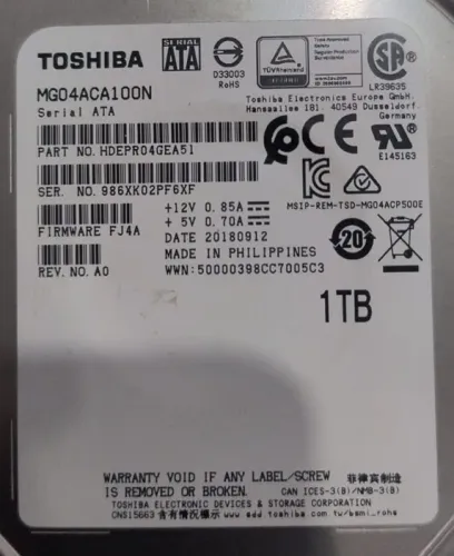 HDD 1 TB Toshiba HDEPR04GEA51 1TB SATA 6Gb/s 512n SIE 3.5 polegadas