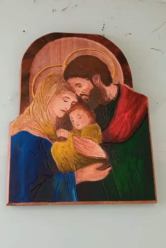 Quadro pintado a mão em madeira maciça sagrada família 