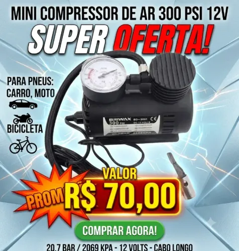 Mini Compressor de Ar Automotivo Multiuso Compacto 12V