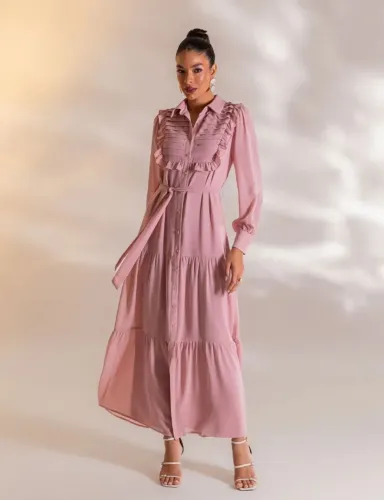 Vestido Midi Longuete Rosa Feminino Elegante NOVO