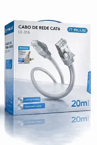 Cabo de Rede Cat6 20m IT-BLUE LE-316, ideal para redes domésticas e empresariais.