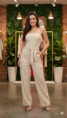 Macacão Feminino Bege Elegante com Cinto - Pronta Entrega