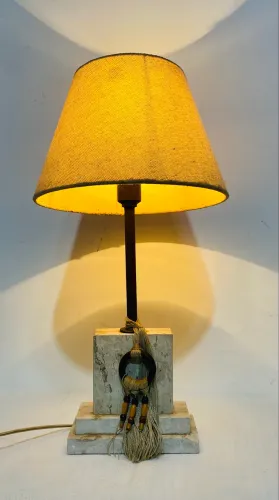 Abajur Vintage Anos 80 Base Mármore Travertino Cúpula Tecido Rústico