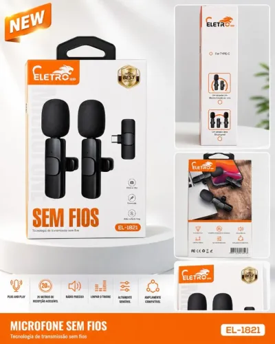 Microfone de Lapela Duplo Sem Fio Eletro Mex EL-1821 - Type-C | Novo na caixa