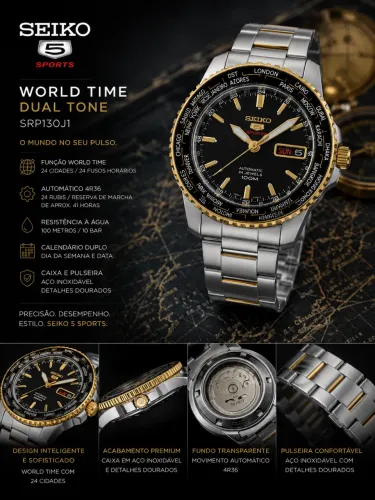 Relógio Seiko 5 Sports SRP130J1 World Time