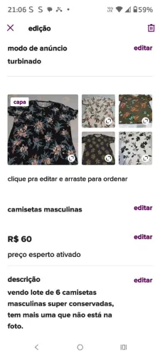 Lote de camiseta masculina