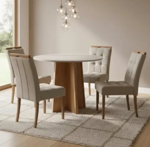 Conjunto Firenze Redondo 4 Lugares Amêndoa Off White com Cadeiras Bege