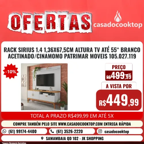 RACK SIRIUS 1.4 1,36X67,5CM ALTURA TV até 55? BRANCO ACETINADO/CINAMOMO PATRIMAR MOVEIS