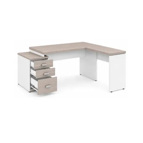 Mesa Escritório Em L Com Gaveteiro E Chave Design Executivo Fresno Branco - 71134