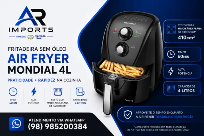 Fritadeira Air Fryer Mondial Family 4L - Sem Óleo, 60 Minutos, Alta Potência