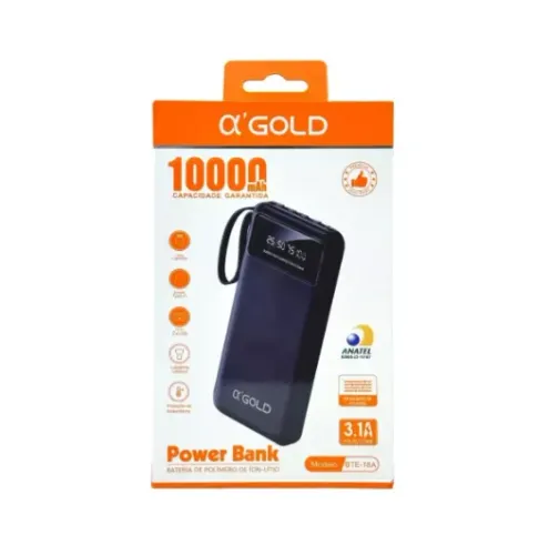 CARREGADOR PORTATIL POWER BANK 10.000 MAH AGOLD BTE-18A PRETO / BRANCO