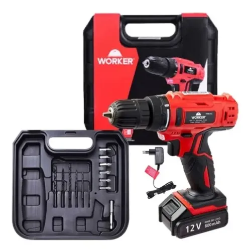 Parafusadeira Furadeira Bateria 12V Li-Ion 3/8 Pol. Carregador Biv Maleta Acess Worker