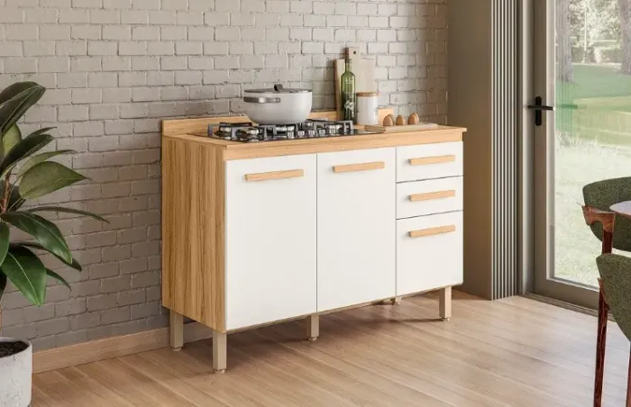 Balcão p/ Cooktop 5 bocas com tampo 120 cm com 3 Portas e 2 Gavetas