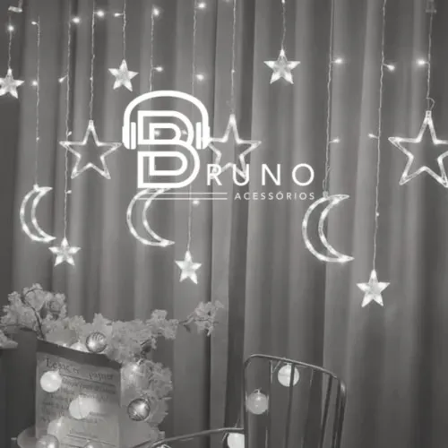 Cascata led estrela e lua branco frio 8 funções Natal 