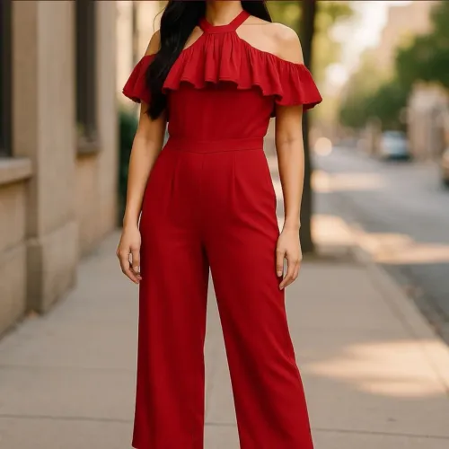 Macacão longo em crepe renda gripir marsala Vermelho Elegante com Detalhes