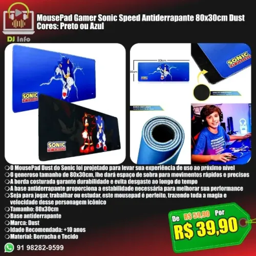 MousePad Gamer Sonic Speed Antiderrapante 80x30cm Dust Cor Preto ou Azul