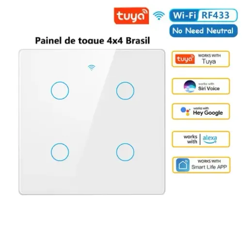 Interruptor Smart 4 teclas touch 4x4, compatível com Alexa.