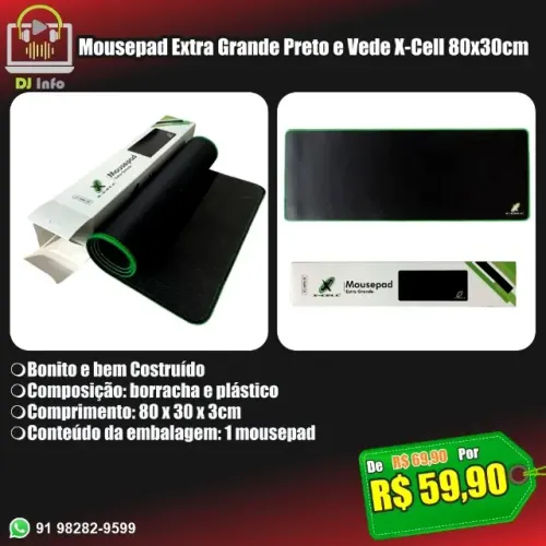 Mousepad Extra Grande Preto e Vede X-Cell 80x30cm