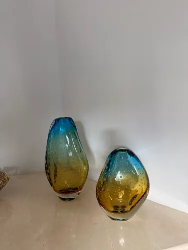 Par de Vasos Cristal Murano Orion Azul/Âmbar - Vidro Artístico