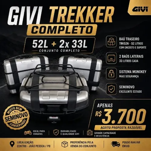 Kit de Baús para Motocicleta GIVI TREKKER 52 Litros + 2 Bauletes 33 Litros