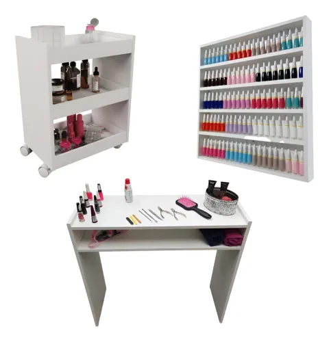 Kit Manicure Prateleira Esmalte, Mesa E C/ Carrinho Salão